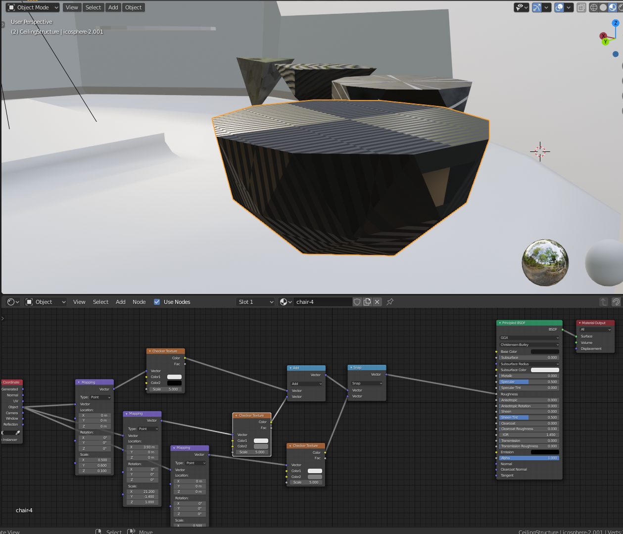 top viewport: four levitating granite stools. bottom viewport: a node-based shader setup.